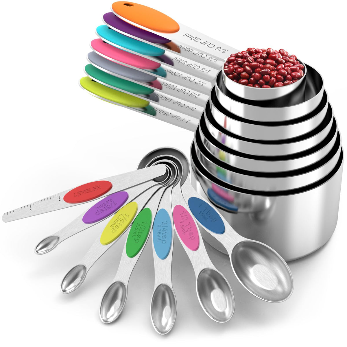TILUCK measuring cups and magnetic measuring spoons set, stainless steel measuring cups, 6 double-sided stainless steel measuring spoons & 1 leveler (12)