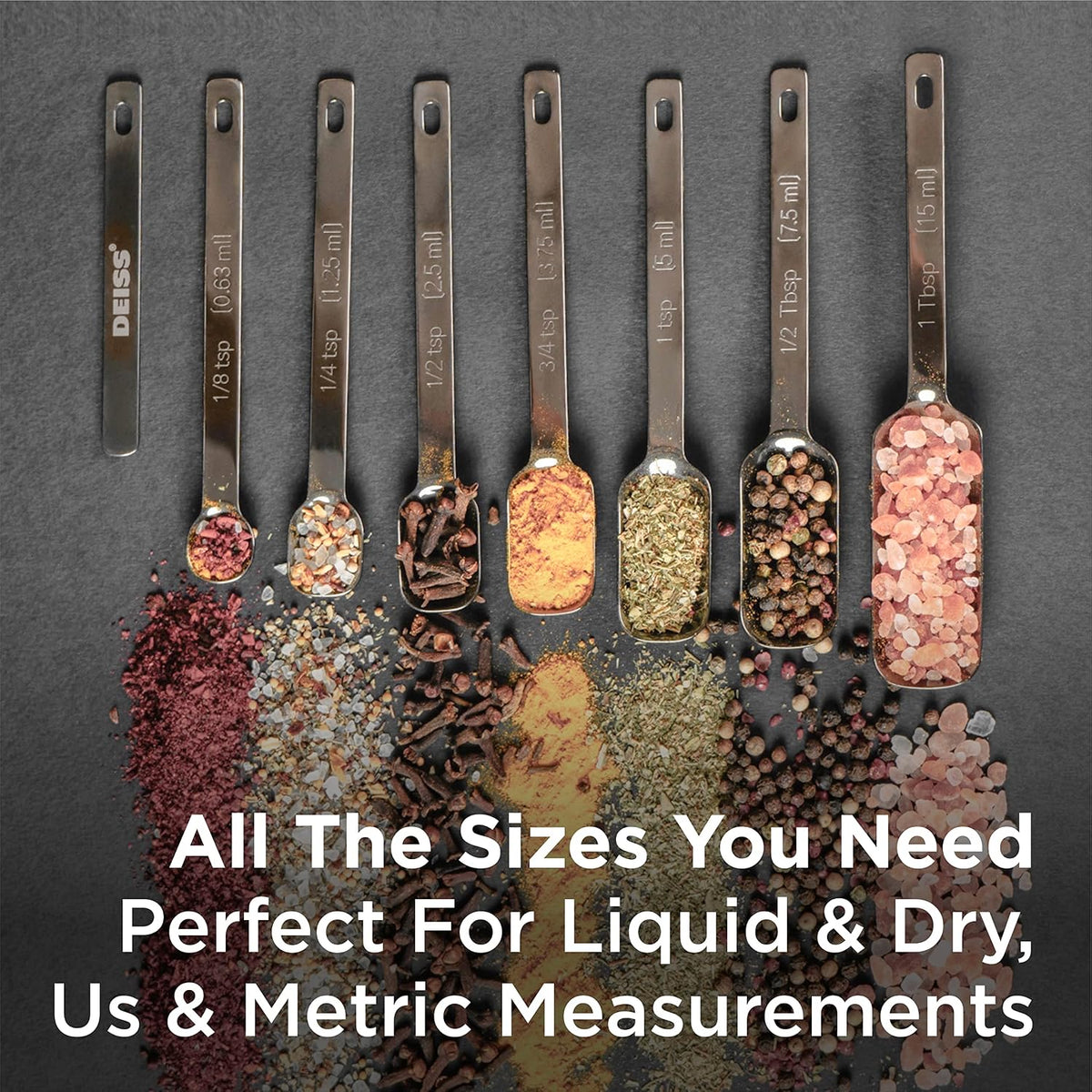 Deiss PRO Heavy Duty Stainless Steel Measuring Spoons for Cooking Spices Dry or Liquid Ingredients Fits in Spice Jar Adjustable Measuring Spoon Set of 7 Measuring with Leveler Measuring Spoons Set