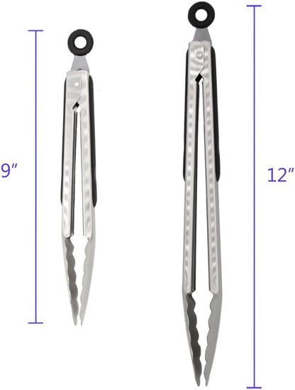 304 Stainless Steel Kitchen Cooking Tongs, 9" and 12" Set of 2 Sturdy Grilling Barbeque Brushed Locking Food Tongs with Ergonomic Grip, Black