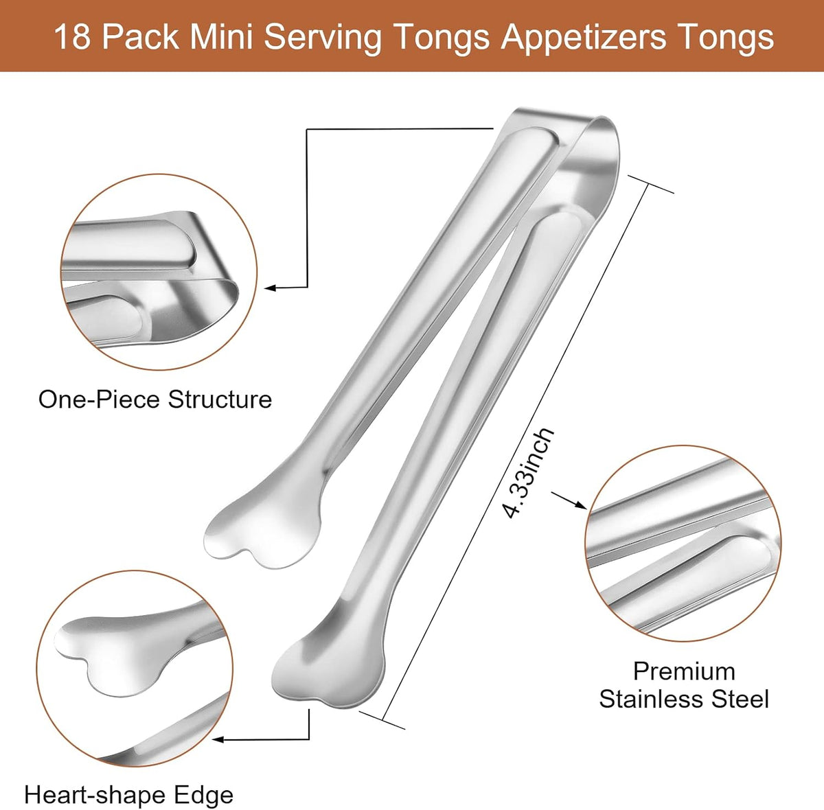 Dmoera 18 Pack Premium Small Serving Tongs, Mini Stainless Steel Appetizer Tongs 4.33Inch Silver