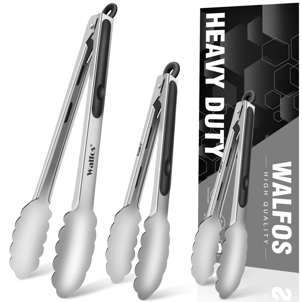 Food Grade Stainless Steel Kitchen Tongs for Cooking,BBQ - 7 ，9 and 12 Inch,Set of 3 Heavy Duty Locking Metal Food Tongs Non-Slip Grip