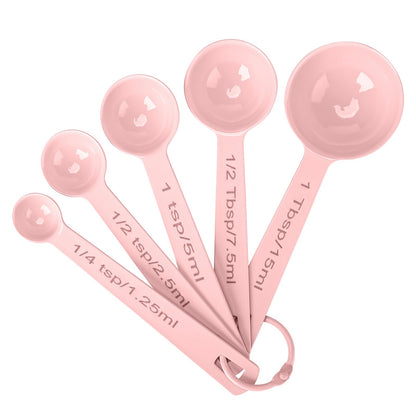 Stainless Steel Measuring Spoons Set of 5, Metal Measuring Cups and Spoons Set for Liquid/Food/Kitchen/Baking (Pink)