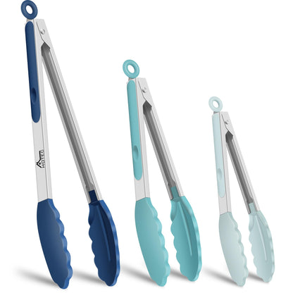 HOTEC Stainless Steel Kitchen Tongs with Silicone Tips, Set of 3-7",9" &12"