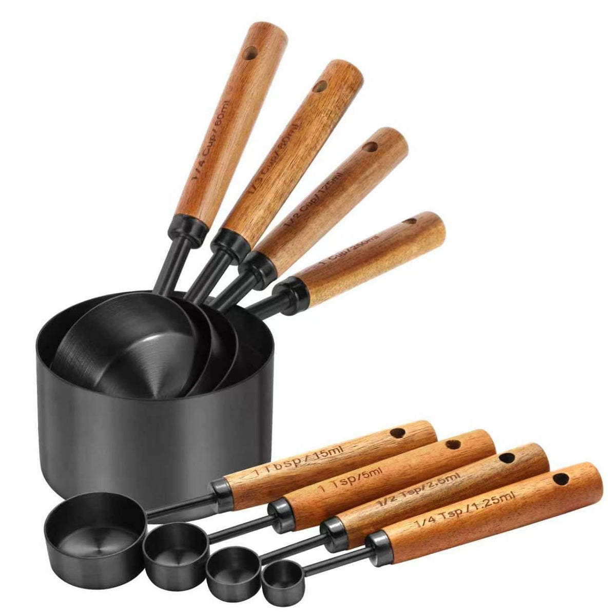 Copper Stainless Steel Measuring Cups and Spoons Set,8 Piece Measuring Cup Set with Wooden Handle and Metric and US Measurements，Copper Polished Finish，for Cooking and Baking in The Kitchen