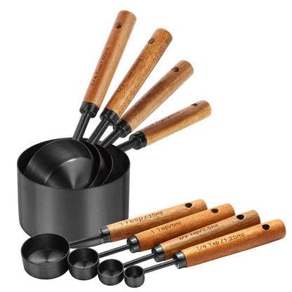 Copper Stainless Steel Measuring Cups and Spoons Set,8 Piece Measuring Cup Set with Wooden Handle and Metric and US Measurements，Copper Polished Finish，for Cooking and Baking in The Kitchen