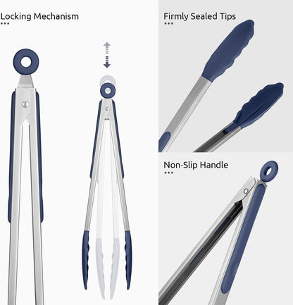 U-Taste Kitchen Tongs for Cooking, 600ºF Heat-Resistant, 3Pcs/Midnight Blue