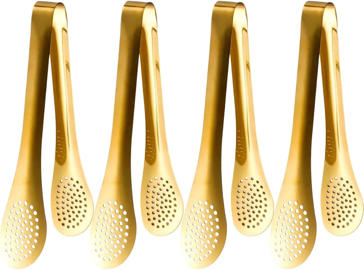 4pcs Gold Buffet Tongs with Drip Holes, 9in Kitchen Food Serving Utensils