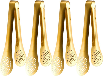 4pcs Gold Buffet Tongs with Drip Holes, 9in Kitchen Food Serving Utensils