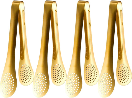 4pcs Gold Buffet Tongs with Drip Holes, 9in Kitchen Food Serving Utensils