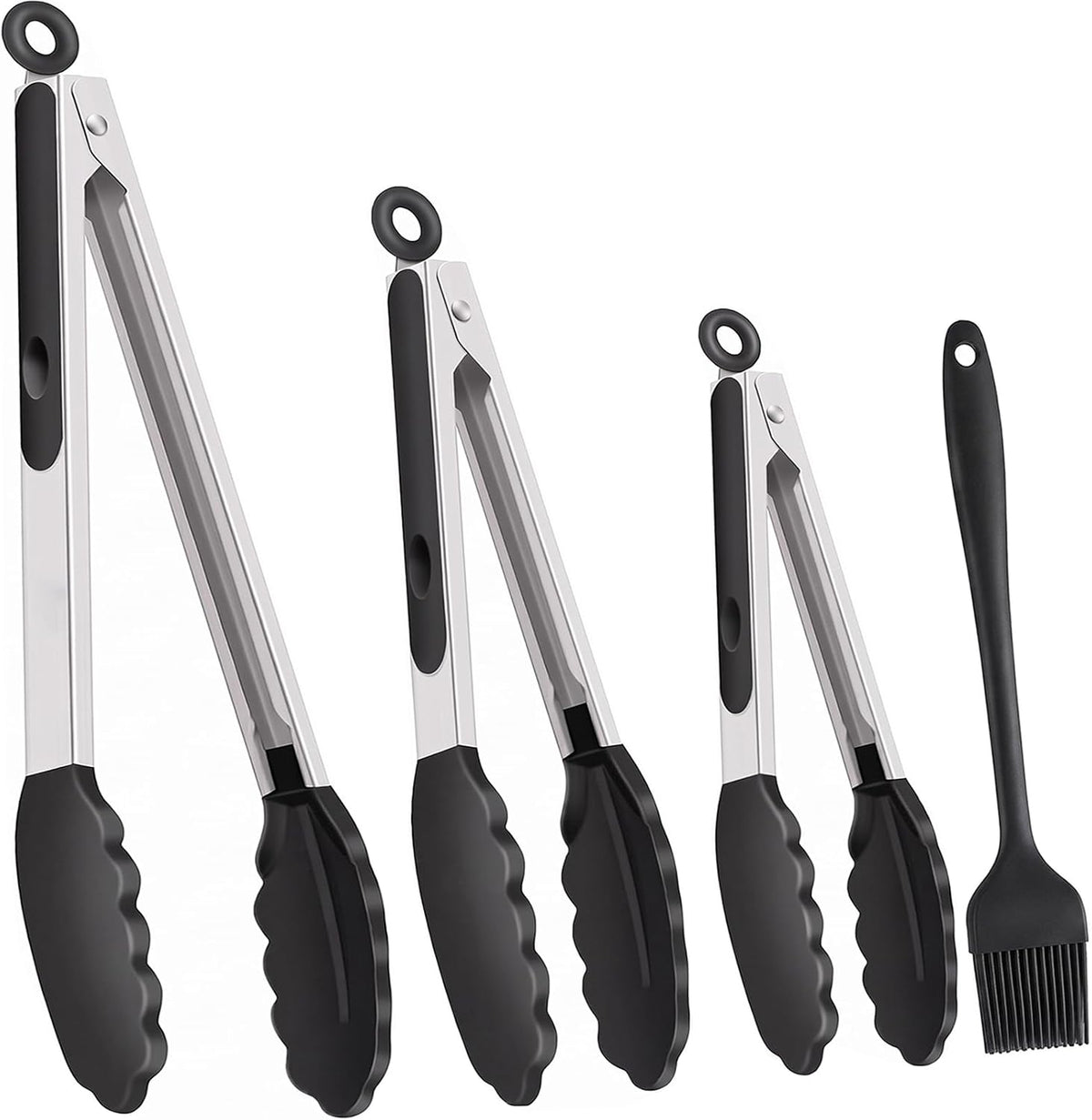 Kitchen Tongs with Silicone Tips, Cooking Tong Set 7/9/12 in and Oil Brush