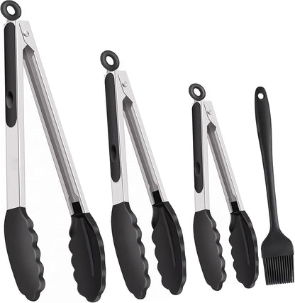 Kitchen Tongs with Silicone Tips, Cooking Tong Set 7/9/12 in and Oil Brush
