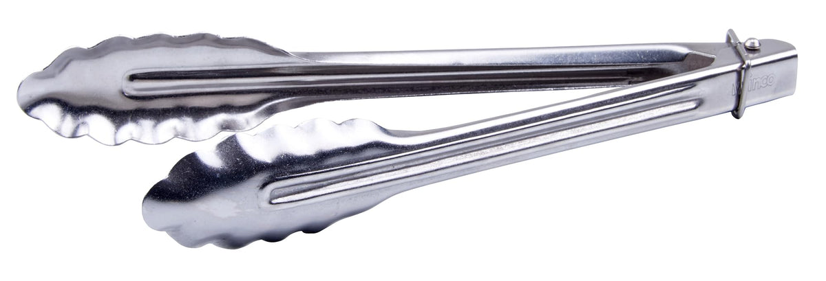 Winco 9" Silver Heavy-Duty Utility Stainless Steel Tongs