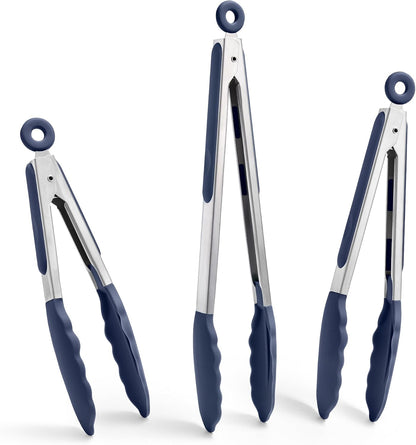 Doosu Kitchen Tongs with Silicone Tips for Cooking Serving (3Pcs, Navy)