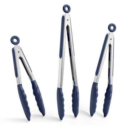 Doosu Kitchen Tongs with Silicone Tips for Cooking Serving (3Pcs, Navy)