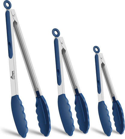 HOTEC Stainless Steel Kitchen Tongs with Silicone Tips, Set of 3-7",9" &12"