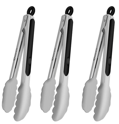 Stainless Steel Cooking Tongs Set of 3 - Heavy Duty 12/9/7 Inch Locking Tongs, Heat Resistant to 600 Degrees, Food Grade Kitchen Metal Tong for Food, Salad, & BBQ - Dishwasher Safe