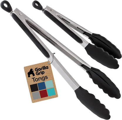 GORILLA GRIP Stainless Steel Kitchen Tongs for Cooking, 2 PK, Black