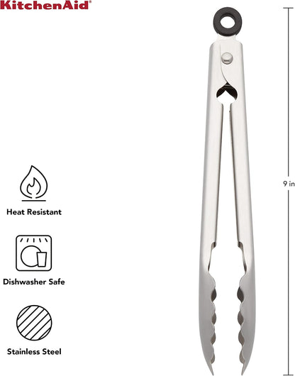 KitchenAid Gourmet Stainless Steel Serving Tongs with Hang Hook and Secure Closing Lock, 9 Inch, Stainless Steel
