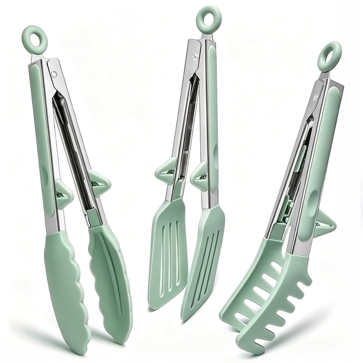 9" Kitchen Tongs for cooking with Silicone Tips, 3Pcs Serving Tongs, Green