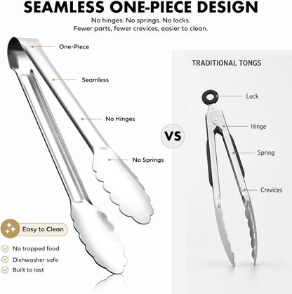 OYV Seamless Tongs for Cooking, One-Piece Design, Durable Heat Resistant Stainless Steel Tongs for Kitchen, Grill, BBQ, Salad, Dishwasher Safe, Metal Tongs Set (12" & 9")