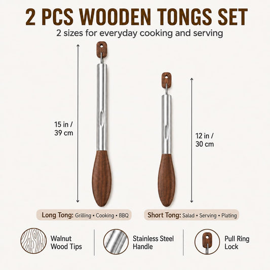 Wooden Tongs for Cooking - Kitchen Salad Tongs for Serving Food(12"+15")