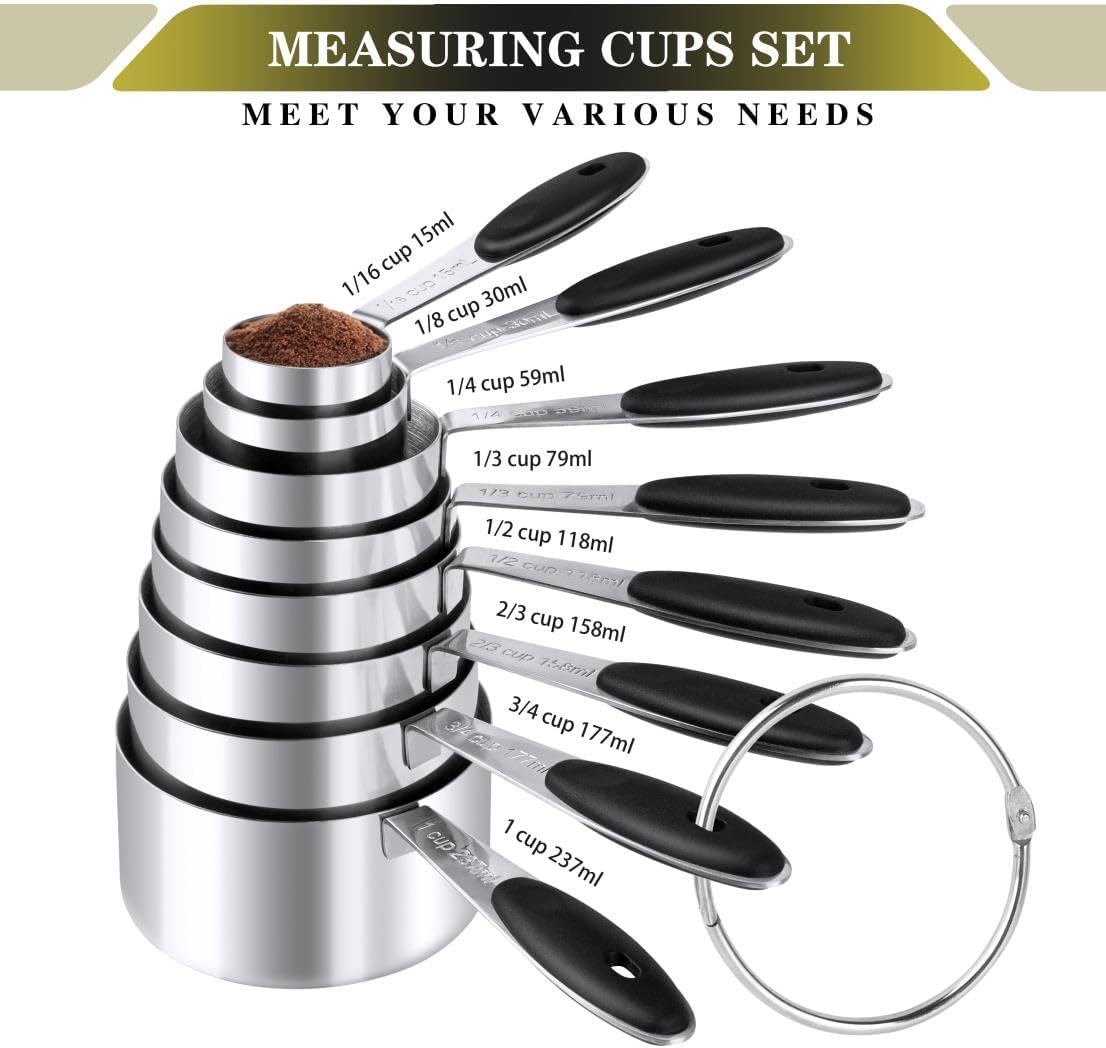 Measuring Cups & Spoons Set of 16, BOBIPRO Stainless Steel 8 Nesting Measure Cups Set & 7 double-sided Magnetic Measuring Spoons Set & 1 Leveler for Dry and Liquid Ingredient