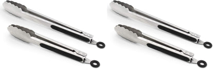 304 Stainless Steel Kitchen Cooking Tongs, 9" and 12" Set of 2 Sturdy Grilling Barbeque Brushed Locking Food Tongs with Ergonomic Grip, Black