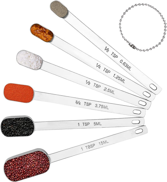 Long Handle Measuring Spoons Set of 6, Stainless Steel Measure Teaspoons