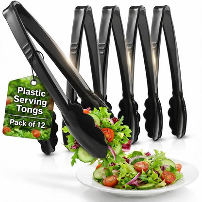 9-Inch Plastic Serving Tongs (6-Pack) Heavy-Duty Black Tongs