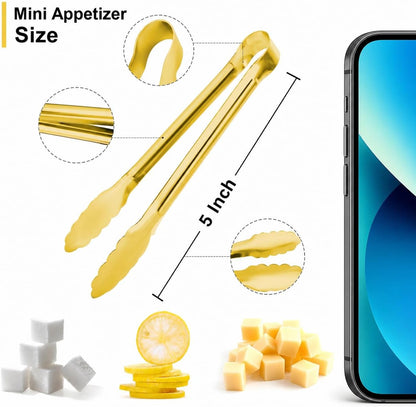8PCS Gold Mini Metal Tongs, 5" Stainless Steel Serving Tiny Tong, Small Kitchen Accessories for Appetizer, Ice, Sugar Cube, Salad, Toaster, Desserts (Gold, 5 INCH)