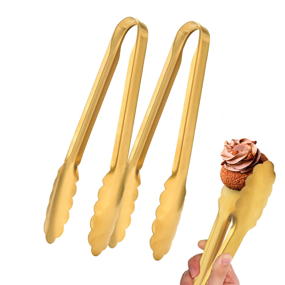 Homesphere Stainless Steel Gold Serving Tongs for Food, 9.5 Inch, Pack of 2