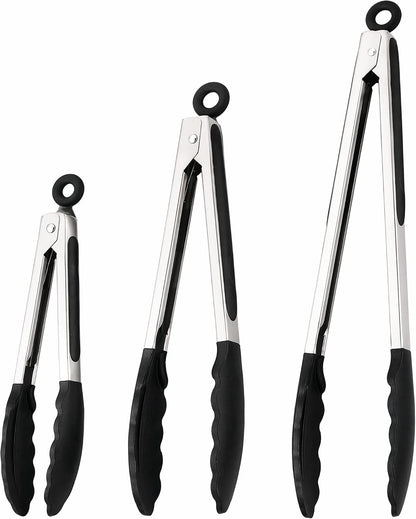 Kitchen Tongs with Silicone Tips, Stainless Steel Cooking Tongs Set of 3