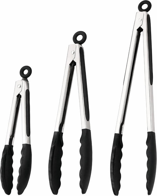 Kitchen Tongs with Silicone Tips, Stainless Steel Cooking Tongs Set of 3