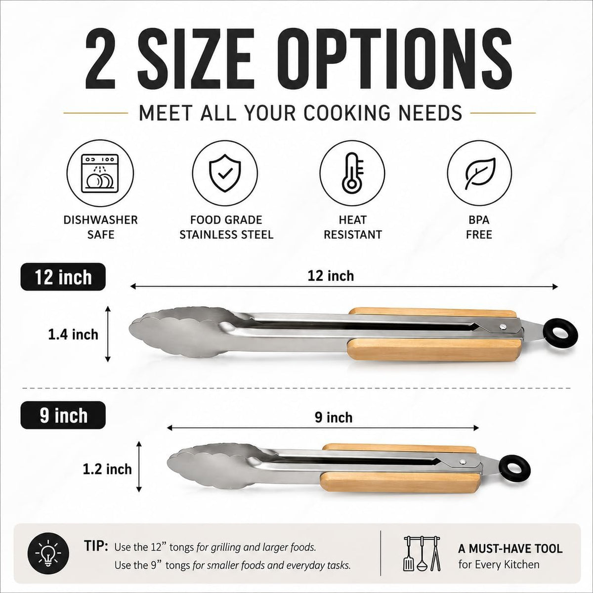2 Pack Kitchen Tongs, 9" & 12" Stainless Steel Tongs with Wood Handles