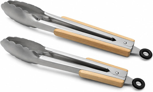 2 Pack Kitchen Tongs, 9" & 12" Stainless Steel Tongs with Wood Handles