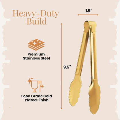Homesphere Stainless Steel Gold Serving Tongs for Food, 9.5 Inch, Pack of 2