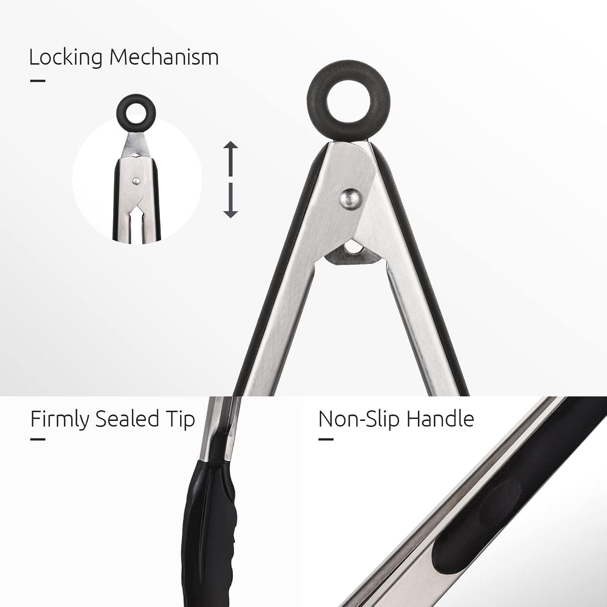 U-Taste Kitchen Tongs for Cooking, 600ºF Heat-Resistant Silicone, 3Pc/Black