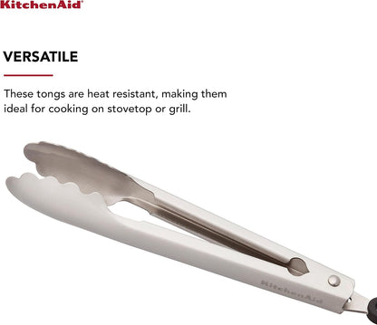 KitchenAid Gourmet Stainless Steel Serving Tongs with Hang Hook and Secure Closing Lock, 9 Inch, Stainless Steel