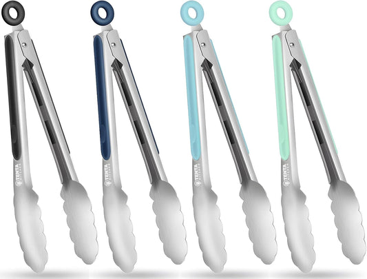 Tongs for Cooking, 9-Inch Stainless Steel Kitchen Tongs, Locking Metal Food Tongs with Silicone Non-Slip Grip, Kitchen Utensils for Food, Salad and Outdoor BBQ (Set of 4)