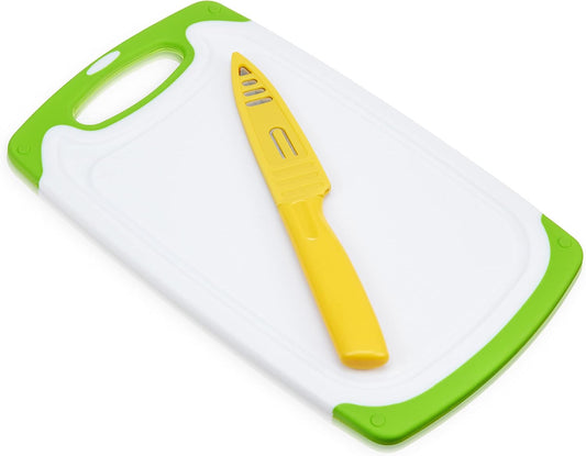True Small Cutting Board with Stainless Steel Blade Pairing Knife, Non Slip Silicone Grip Plastic Chopping Boards and Knives for Prepping Fruits, Vegetables, Cocktail Ganishes. 2-Piece Set