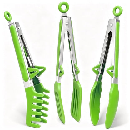 9" Kitchen Tongs for cooking with Silicone Tips, 3Pcs Serving Tongs, Green