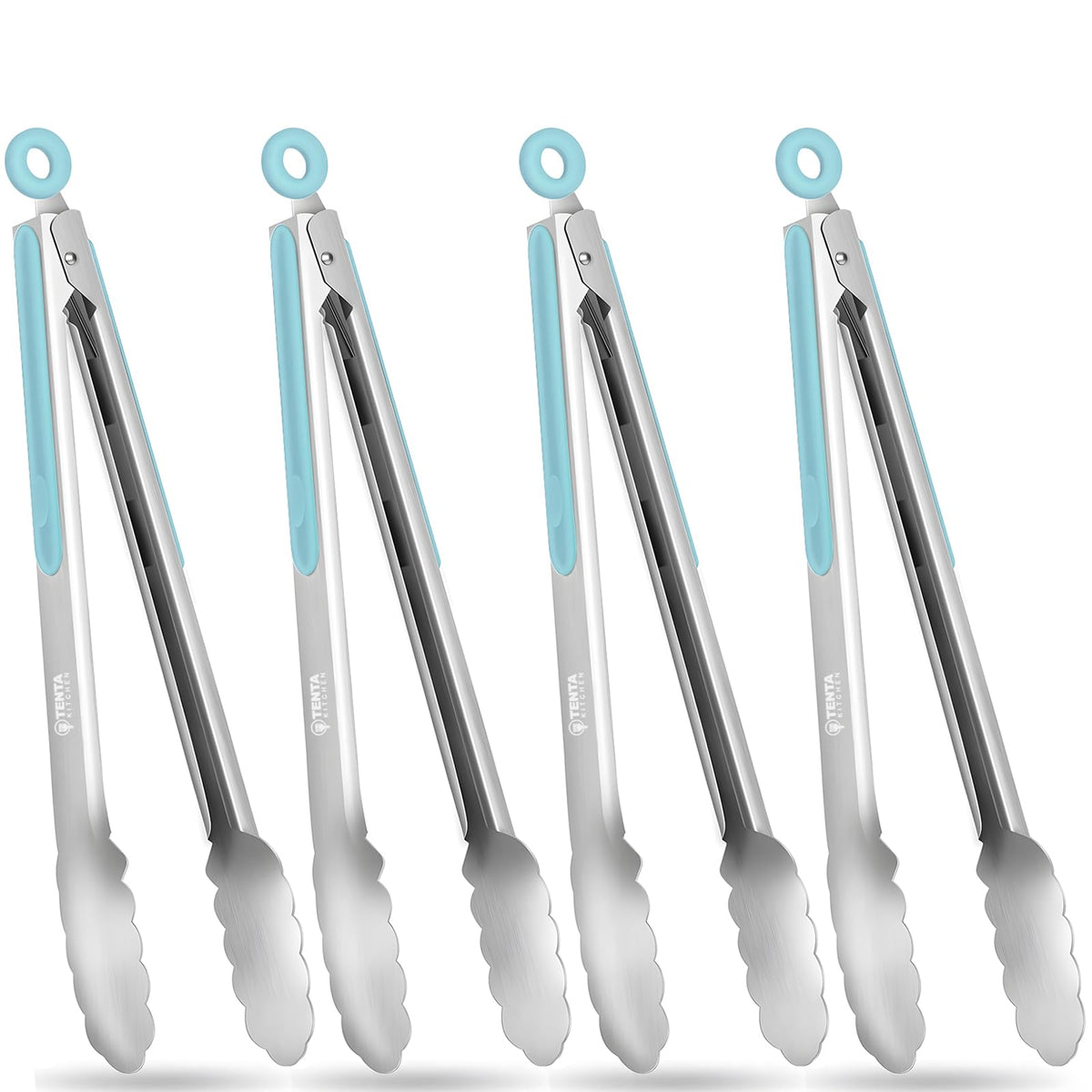 Tongs for Cooking, 9-Inch Stainless Steel Kitchen Tongs, Locking Metal Food Tongs with Silicone Non-Slip Grip, Kitchen Utensils for Food, Salad and Outdoor BBQ (Set of 4)