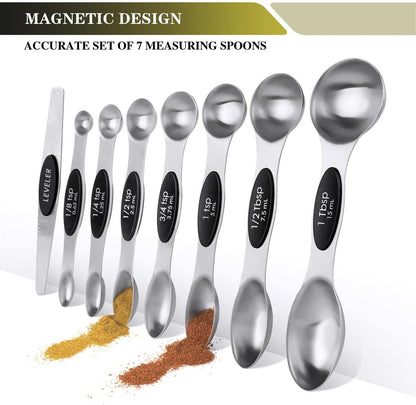 Measuring Cups & Spoons Set of 16, BOBIPRO Stainless Steel 8 Nesting Measure Cups Set & 7 double-sided Magnetic Measuring Spoons Set & 1 Leveler for Dry and Liquid Ingredient