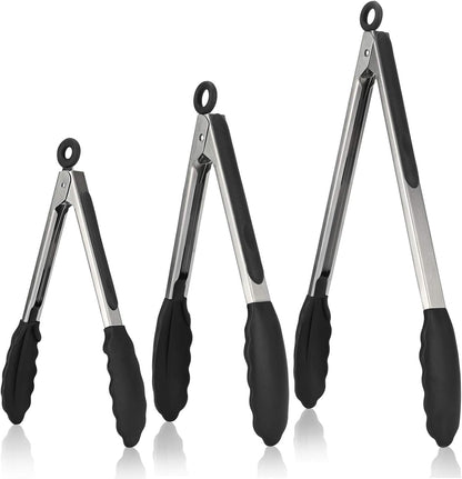 U-Taste Kitchen Tongs for Cooking, 600ºF Heat-Resistant Silicone, 3Pc/Black