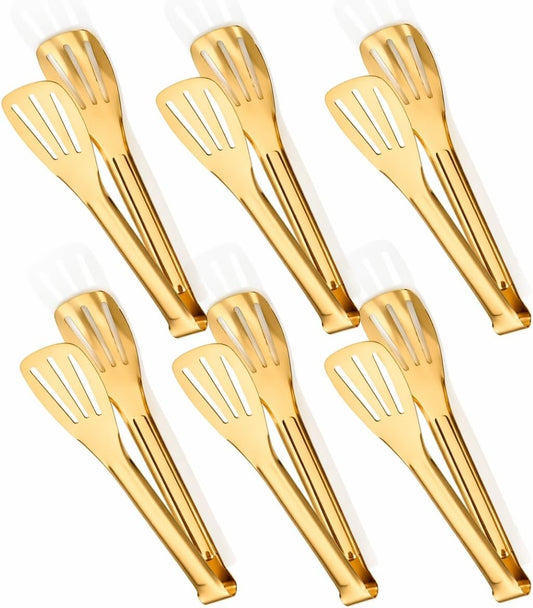Gold Serving Tongs Kitchen Tongs,Buffet Tongs,JXHAPY Stainless Steel Gold Plated Food Tong Salad Tongs Serving Tong,small tongs 6 Pack (7 Inch)