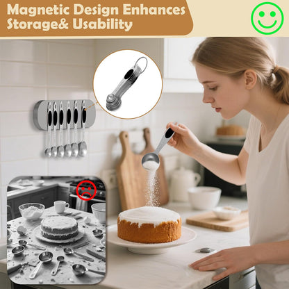 Measuring Spoons,Magnetic Measuring Spoons Set,304 Stainless Steel 7 Single Side Measuring Spoons Set and 1 Leveler with Strong N45 Magnetss,Heavy Duty Metal Kitchen Gadgets for Baking & Cooking