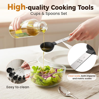16PCS Measuring Cups and Spoons Set, Measuring Spoon Set with Metric and US Measurements, Fits for Measuring Dry and Liquid - Black
