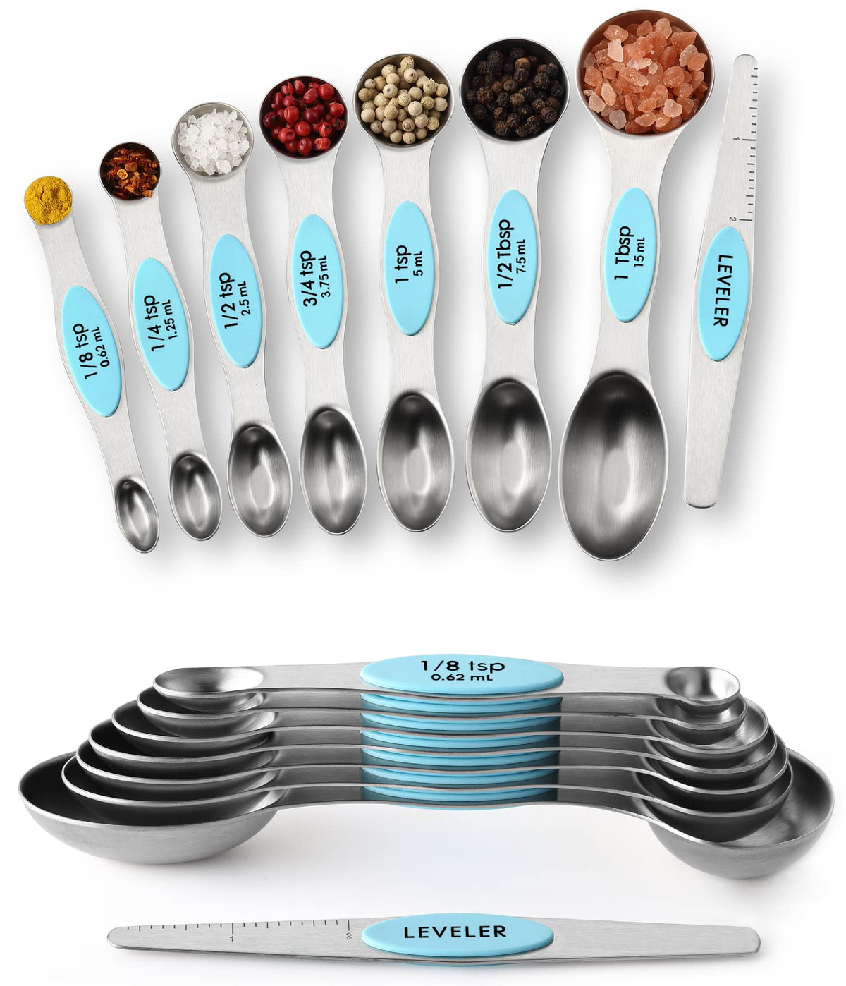 Spring Chef Stainless Steel 8 Magnetic Measuring Spoons Set, Winter Frost