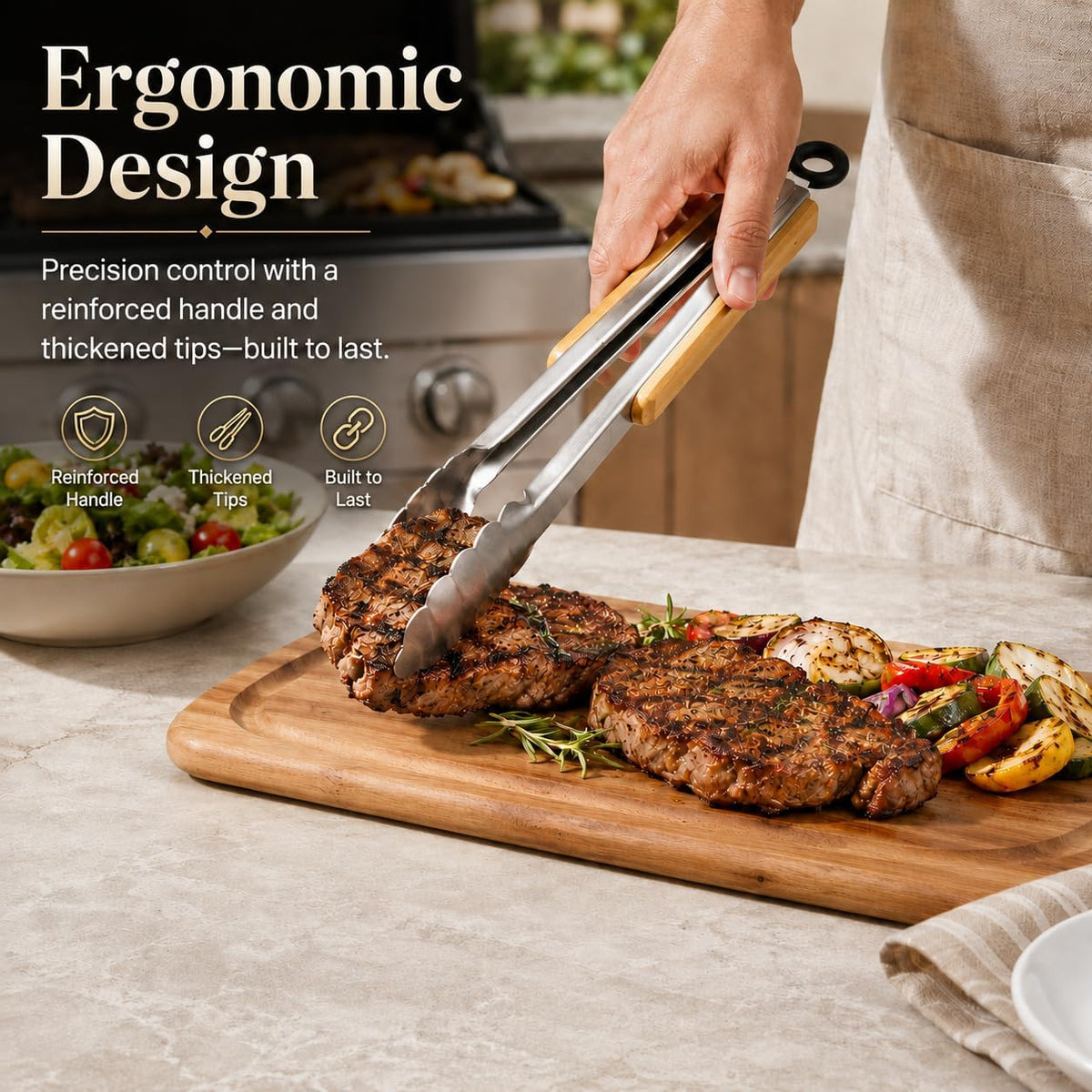 2 Pack Kitchen Tongs, 9" & 12" Stainless Steel Tongs with Wood Handles