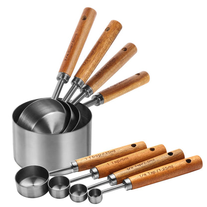 Copper Stainless Steel Measuring Cups and Spoons Set,8 Piece Measuring Cup Set with Wooden Handle and Metric and US Measurements，Copper Polished Finish，for Cooking and Baking in The Kitchen